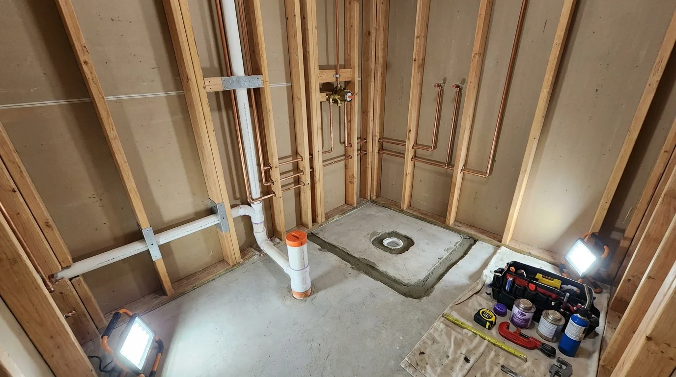 Bathroom rough-in plumbing during remodel by Johns Plumbing LLC in South Plainfield