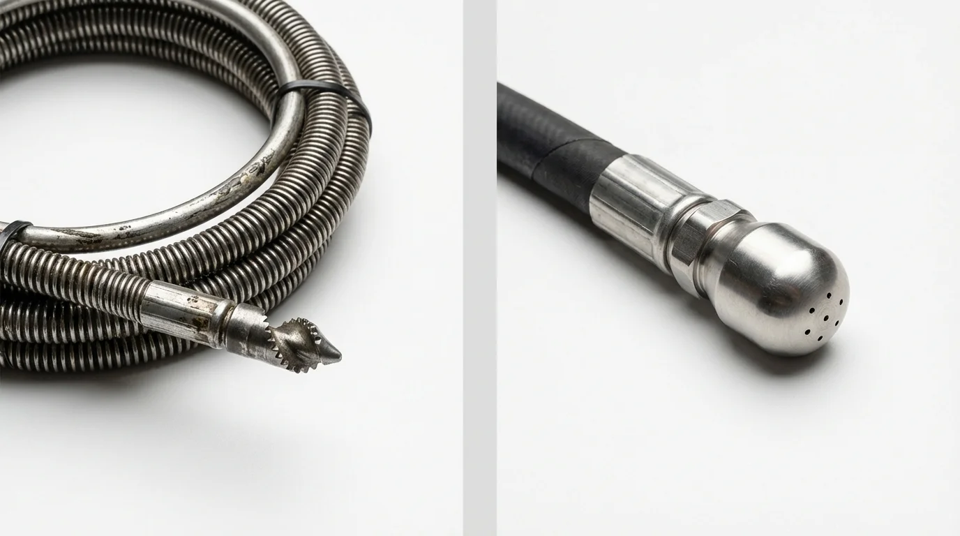Drain snake cable and hydro jetting nozzle used for drain cleaning in South Plainfield, NJ