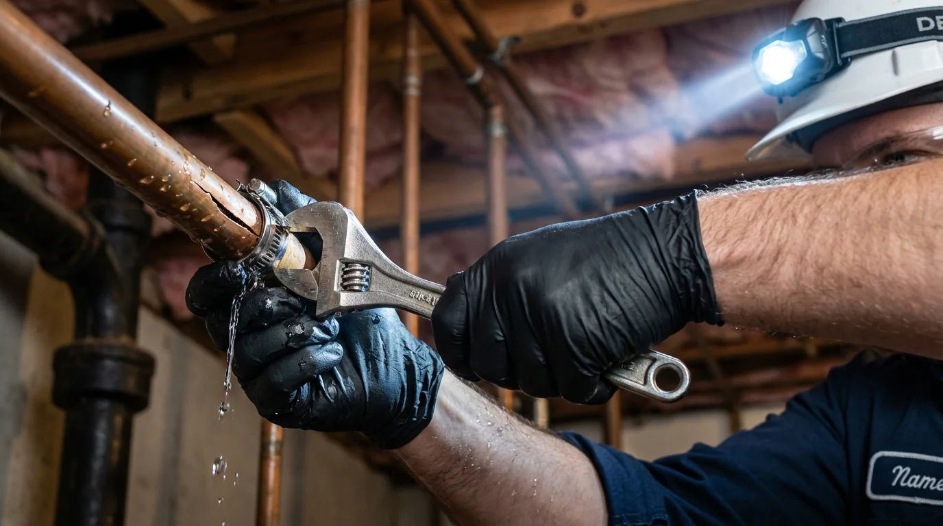 Emergency pipe clamp repair being performed by a Johns Plumbing LLC plumber in South Plainfield