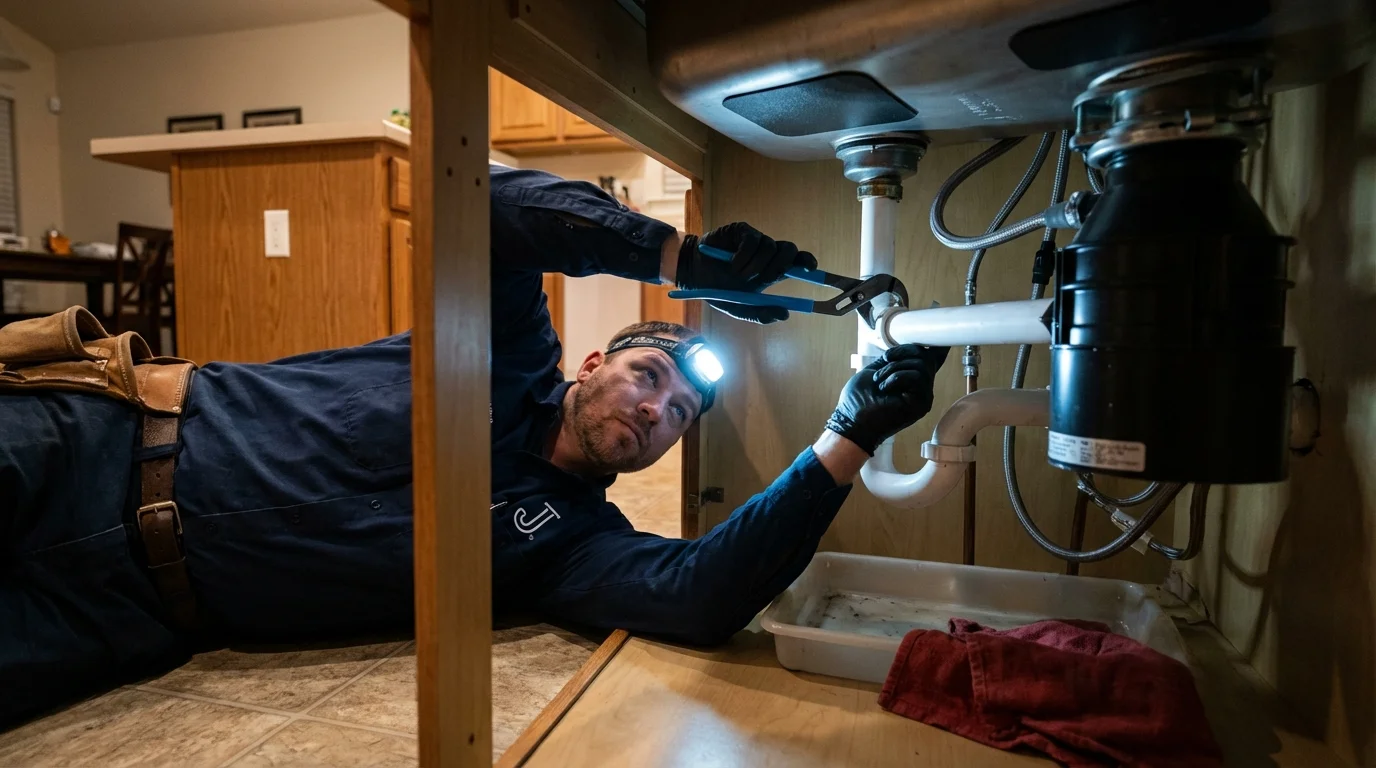 P-trap and supply line connections under a kitchen sink showing a common leak point in South Plainfield, NJ